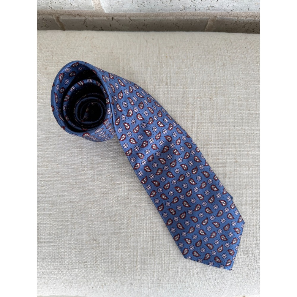 Brioni Italy Mens Silk Tie Blue Red White Paisley Micro Medallion Luxury Necktie